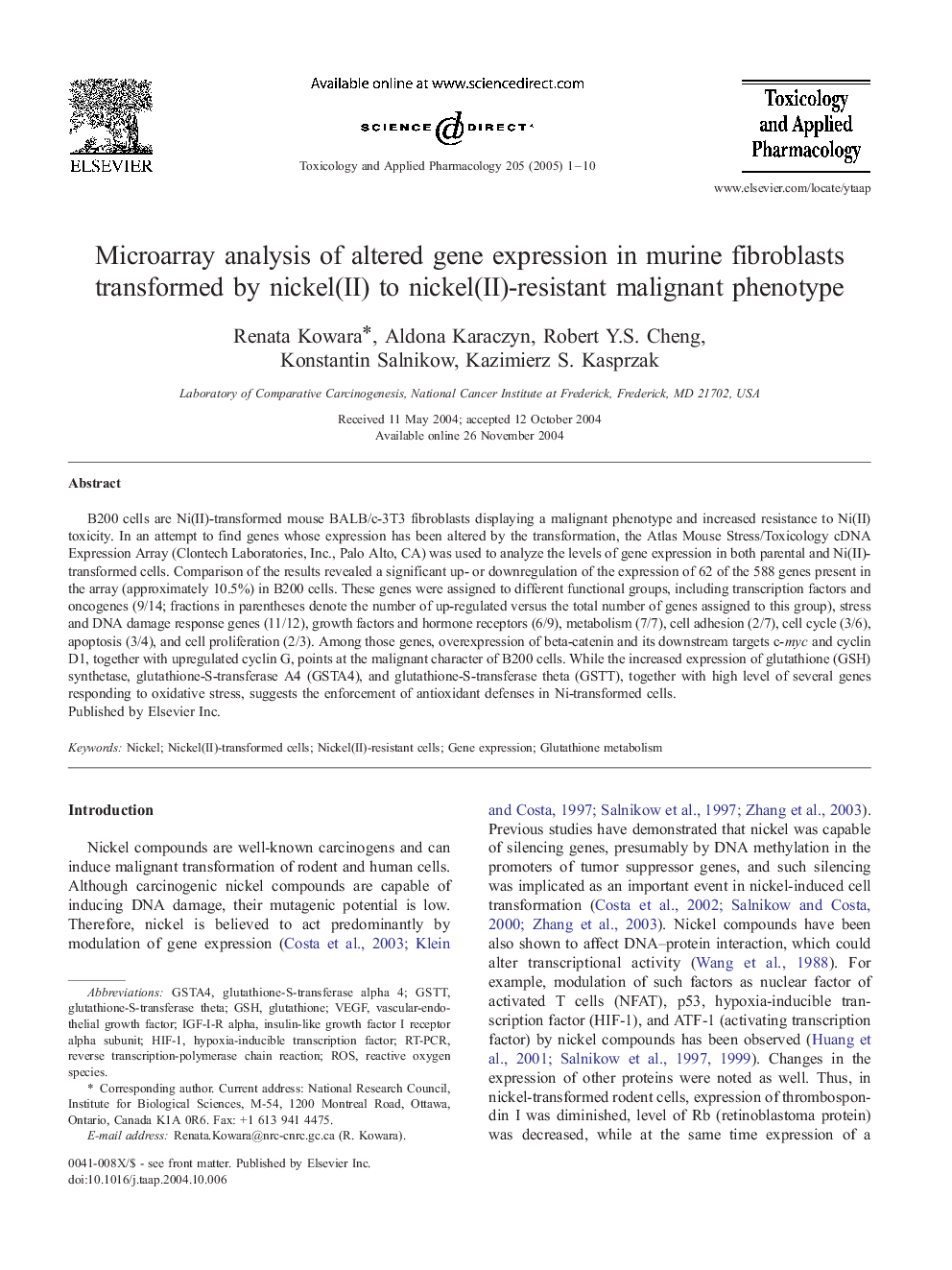 Microarray analysis of altered gene expression in murine fibroblasts transformed by nickel(II) to nickel(II)-resistant malignant phenotype