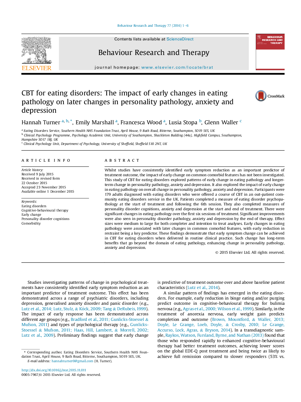 CBT for eating disorders: The impact of early changes in eating pathology on later changes in personality pathology, anxiety and depression