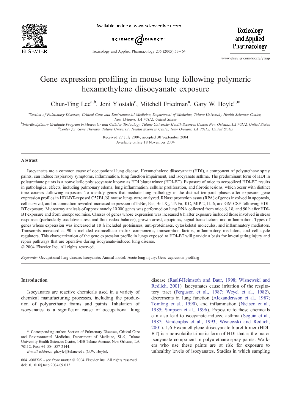 Gene expression profiling in mouse lung following polymeric hexamethylene diisocyanate exposure