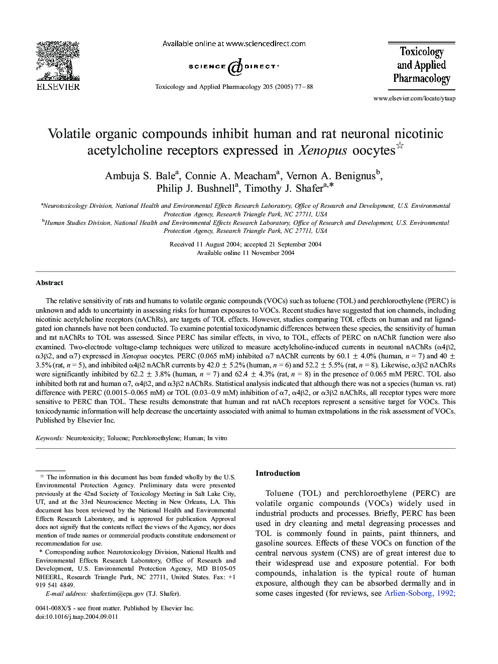 Volatile organic compounds inhibit human and rat neuronal nicotinic acetylcholine receptors expressed in Xenopus oocytes