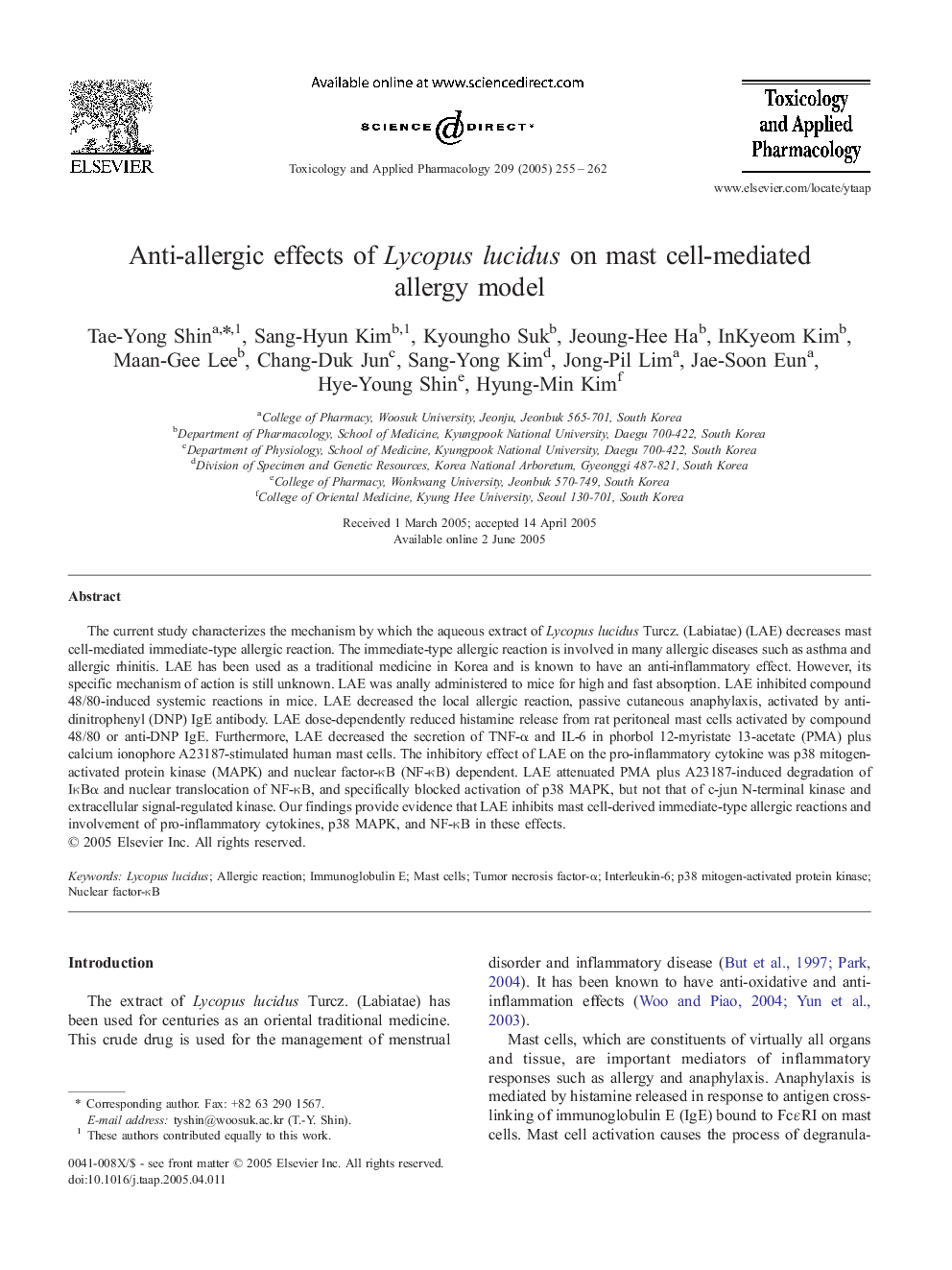 Anti-allergic effects of Lycopus lucidus on mast cell-mediated allergy model