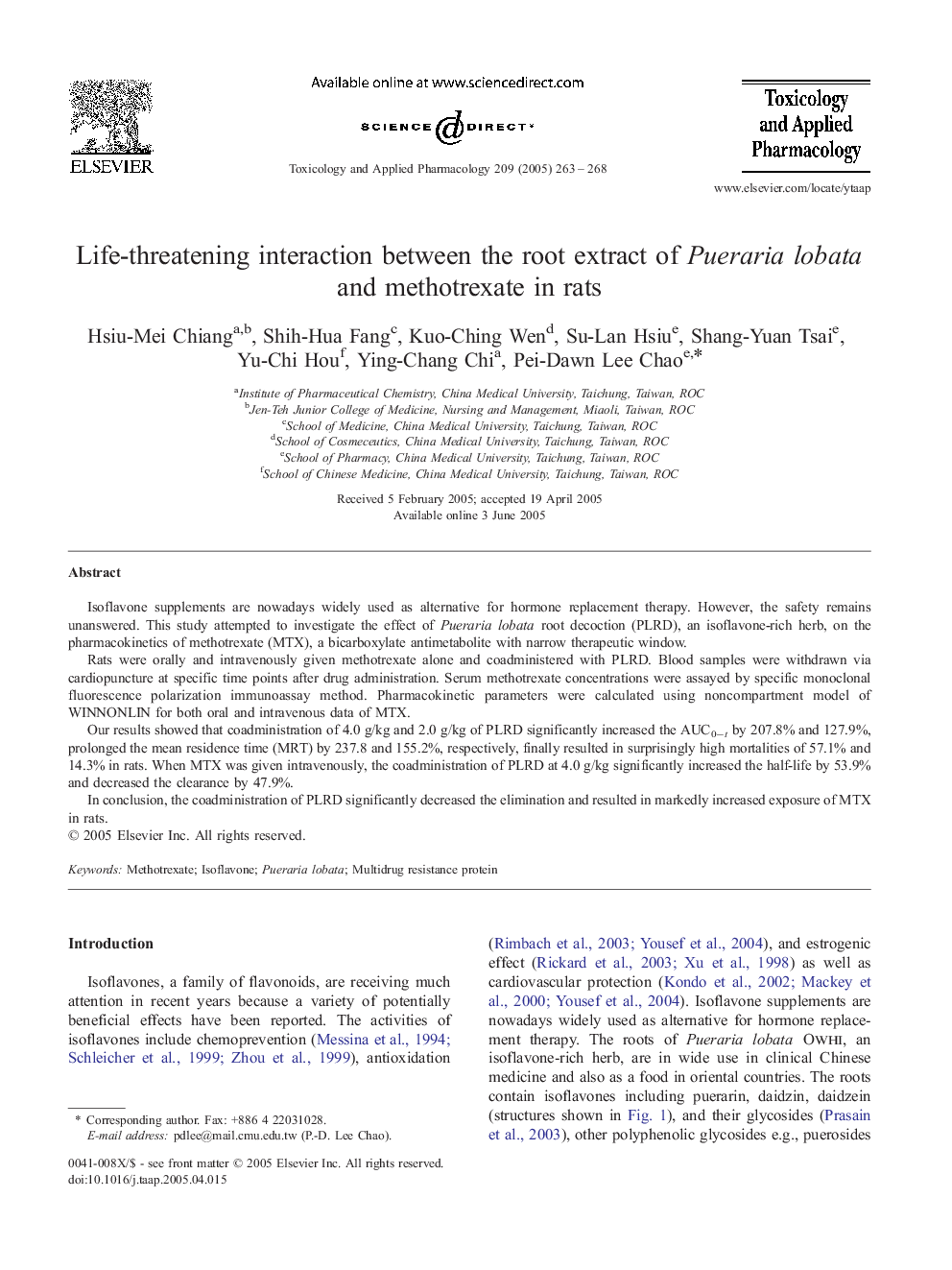 Life-threatening interaction between the root extract of Pueraria lobata and methotrexate in rats