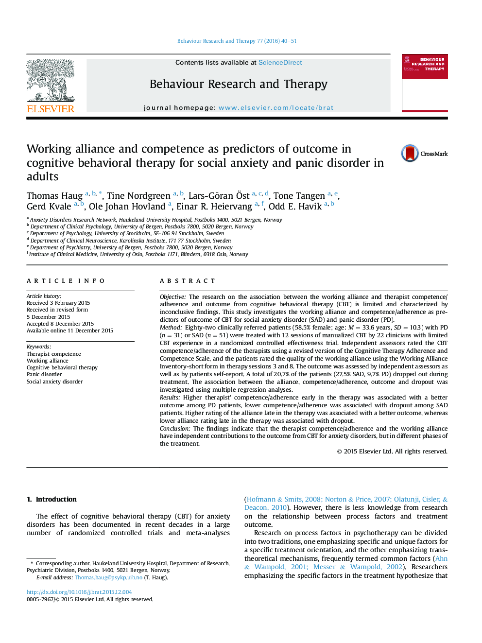 Working alliance and competence as predictors of outcome in cognitive behavioral therapy for social anxiety and panic disorder in adults