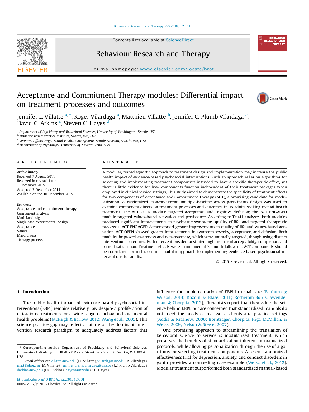 Acceptance and Commitment Therapy modules: Differential impact on treatment processes and outcomes