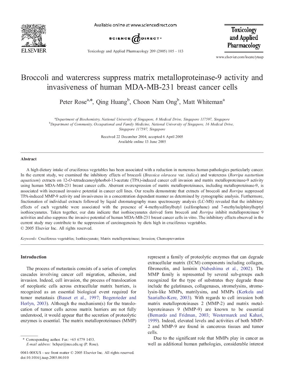 Broccoli and watercress suppress matrix metalloproteinase-9 activity and invasiveness of human MDA-MB-231 breast cancer cells