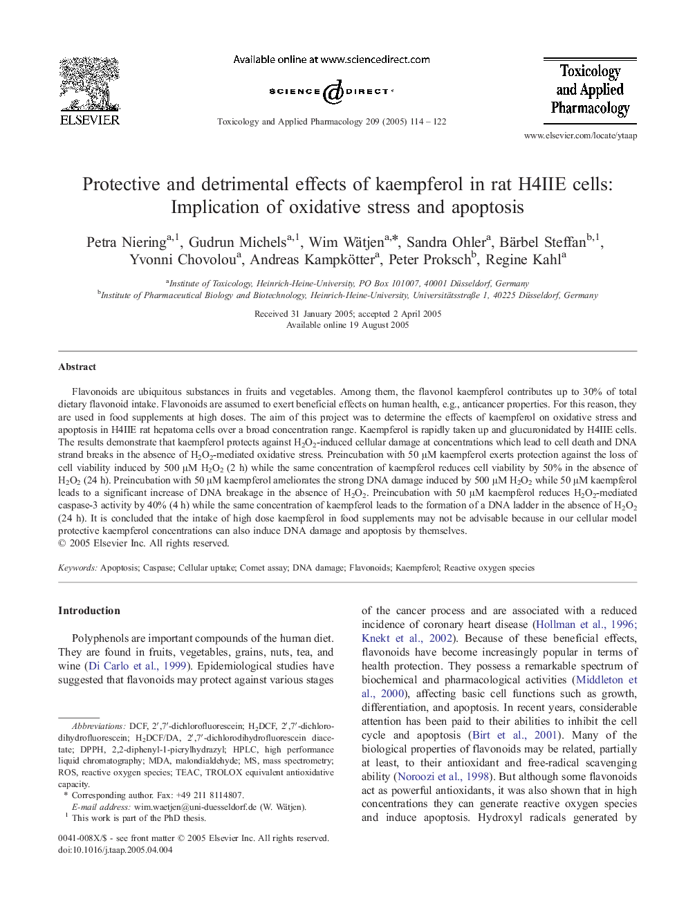 Protective and detrimental effects of kaempferol in rat H4IIE cells: Implication of oxidative stress and apoptosis