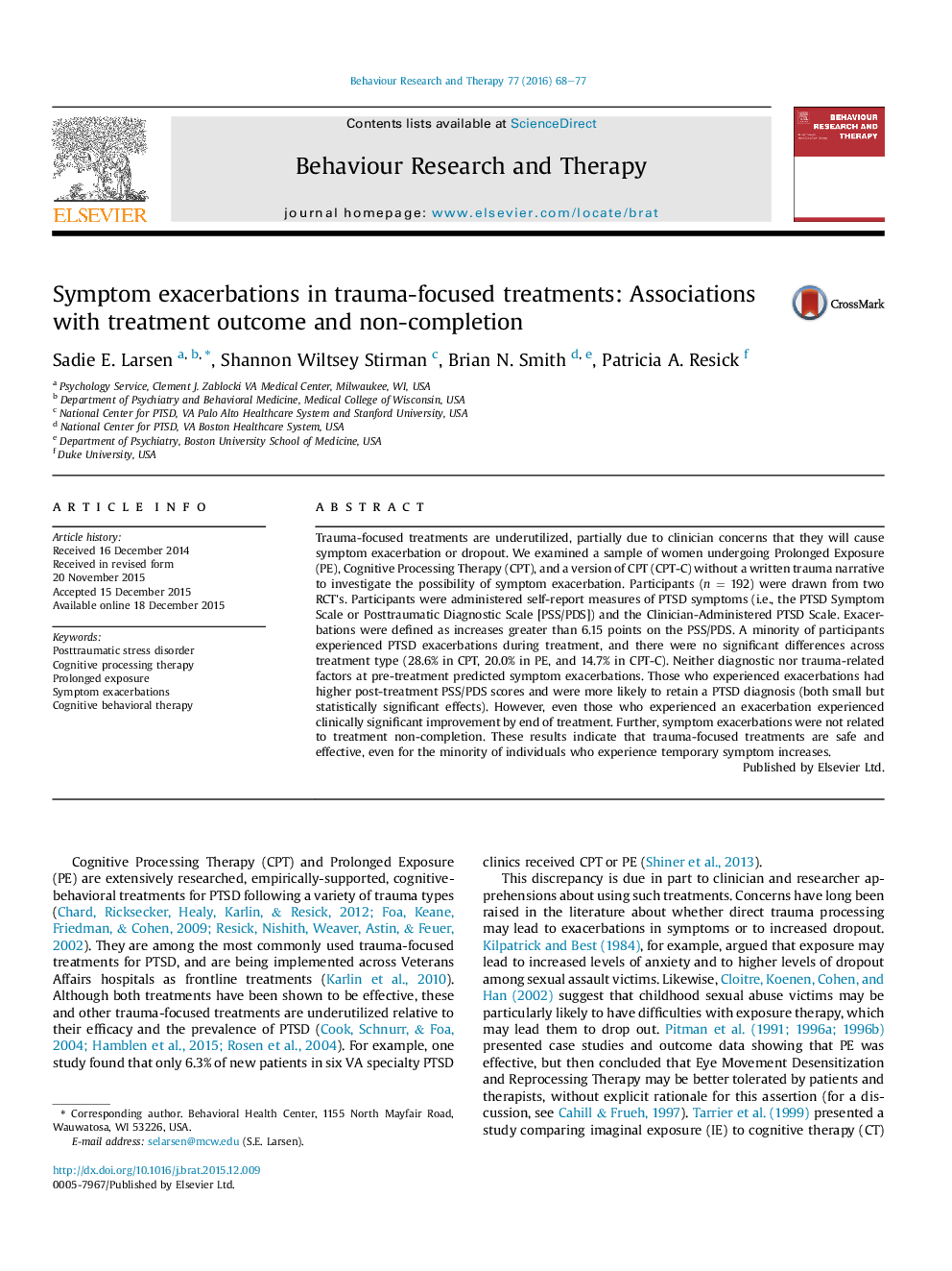 Symptom exacerbations in trauma-focused treatments: Associations with treatment outcome and non-completion