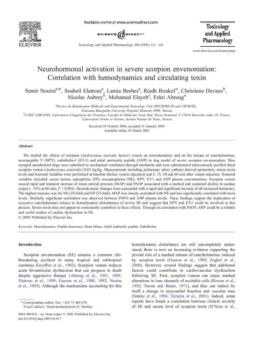 Neurohormonal activation in severe scorpion envenomation: correlation with hemodynamics and circulating toxin