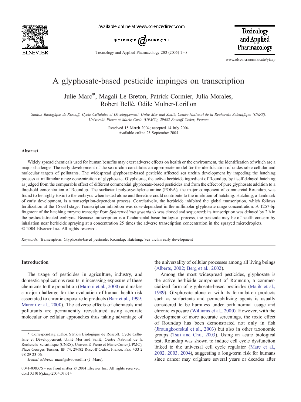 A glyphosate-based pesticide impinges on transcription