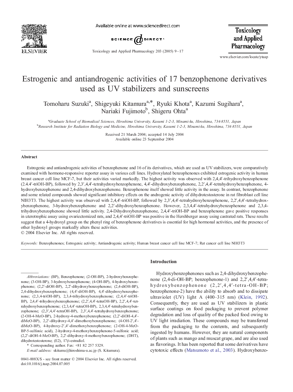 Estrogenic and antiandrogenic activities of 17 benzophenone derivatives used as UV stabilizers and sunscreens