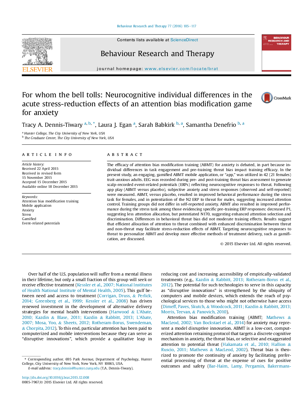 For whom the bell tolls: Neurocognitive individual differences in the acute stress-reduction effects of an attention bias modification game for anxiety