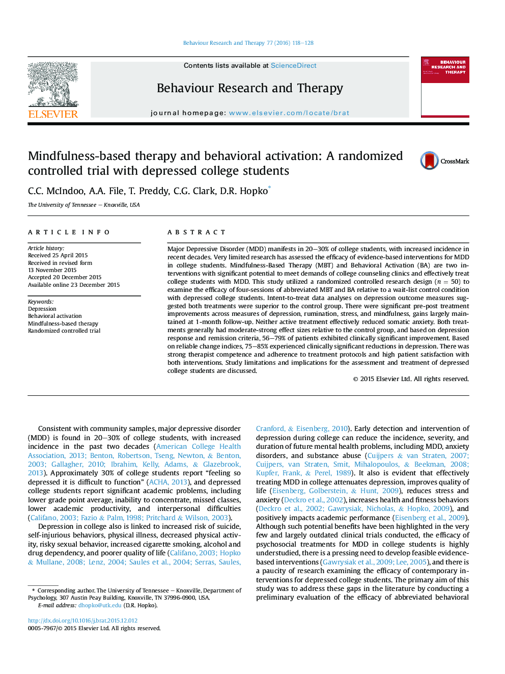 Mindfulness-based therapy and behavioral activation: A randomized controlled trial with depressed college students