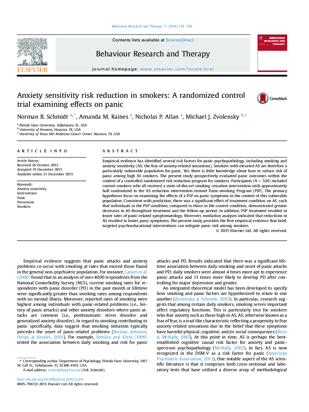 Anxiety sensitivity risk reduction in smokers: A randomized control trial examining effects on panic