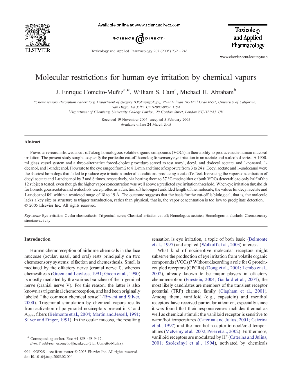 Molecular restrictions for human eye irritation by chemical vapors