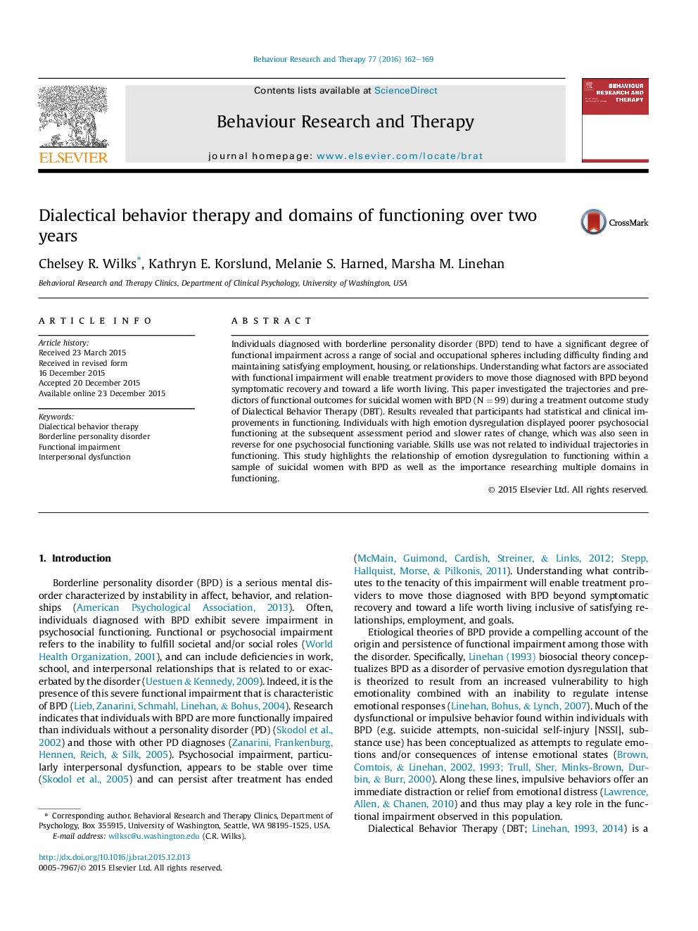 Dialectical behavior therapy and domains of functioning over two years