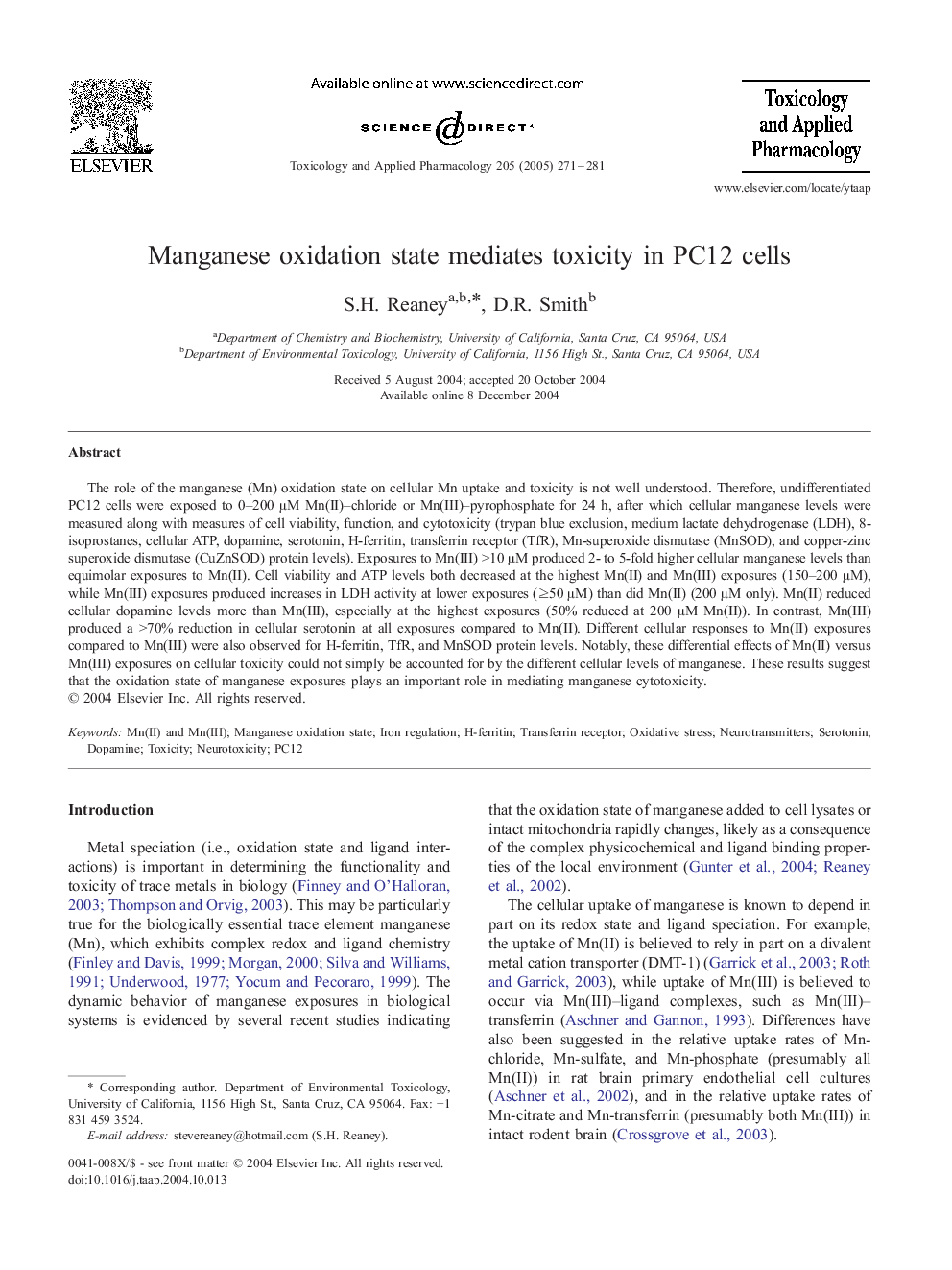 Manganese oxidation state mediates toxicity in PC12 cells