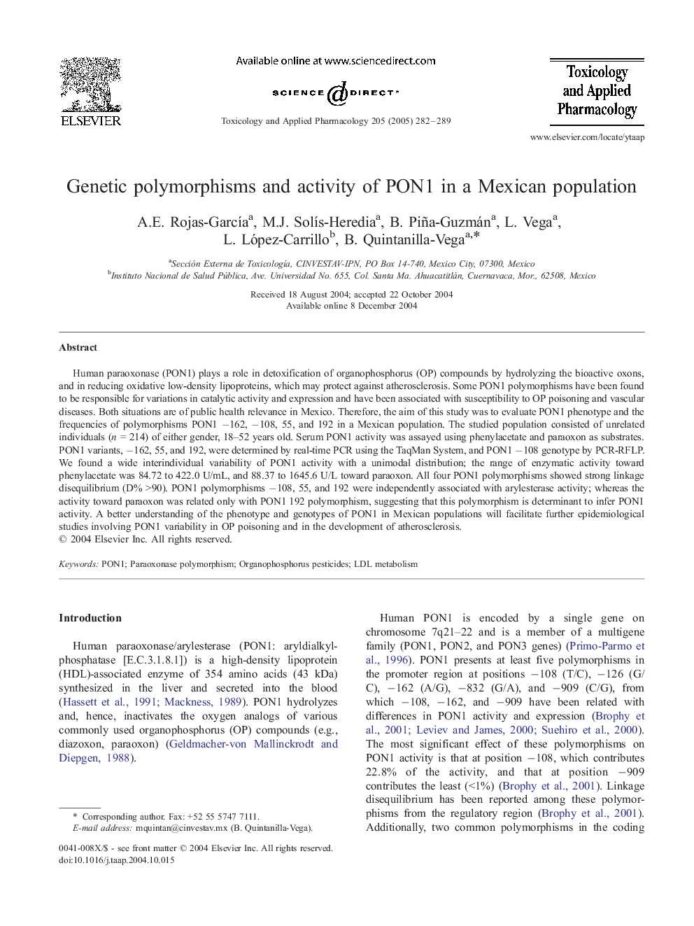 Genetic polymorphisms and activity of PON1 in a Mexican population