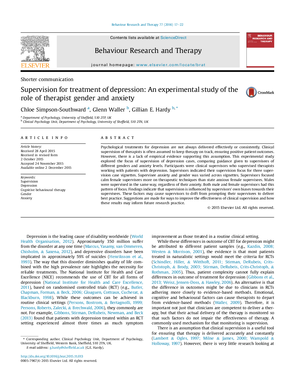 Supervision for treatment of depression: An experimental study of the role of therapist gender and anxiety