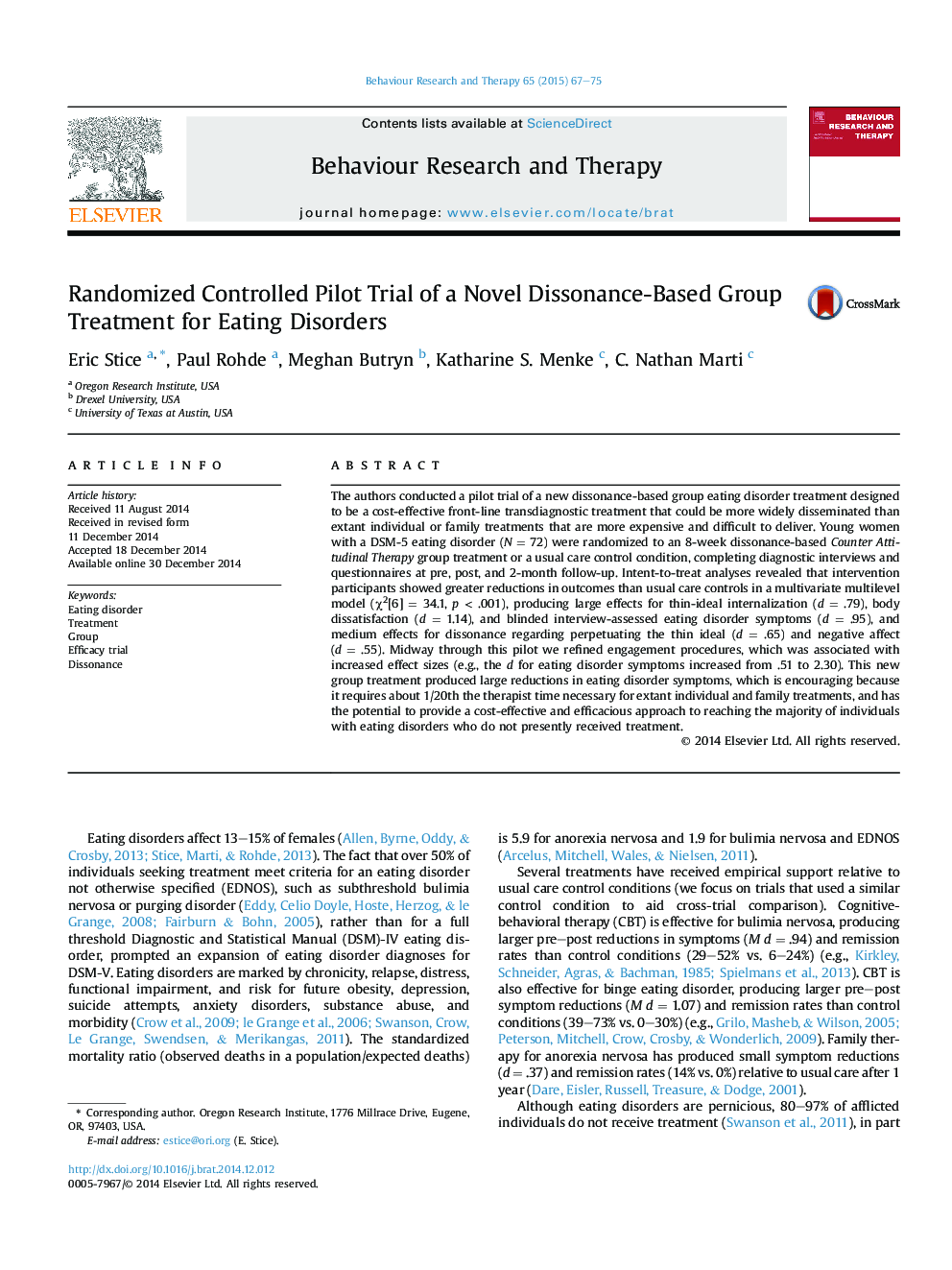 Randomized Controlled Pilot Trial of a Novel Dissonance-Based Group Treatment for Eating Disorders