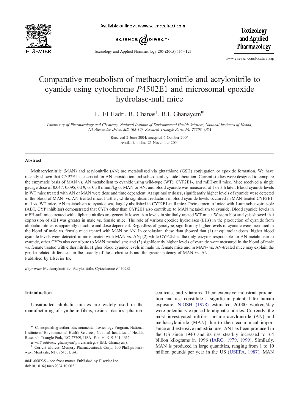 Comparative metabolism of methacrylonitrile and acrylonitrile to cyanide using cytochrome P4502E1 and microsomal epoxide hydrolase-null mice