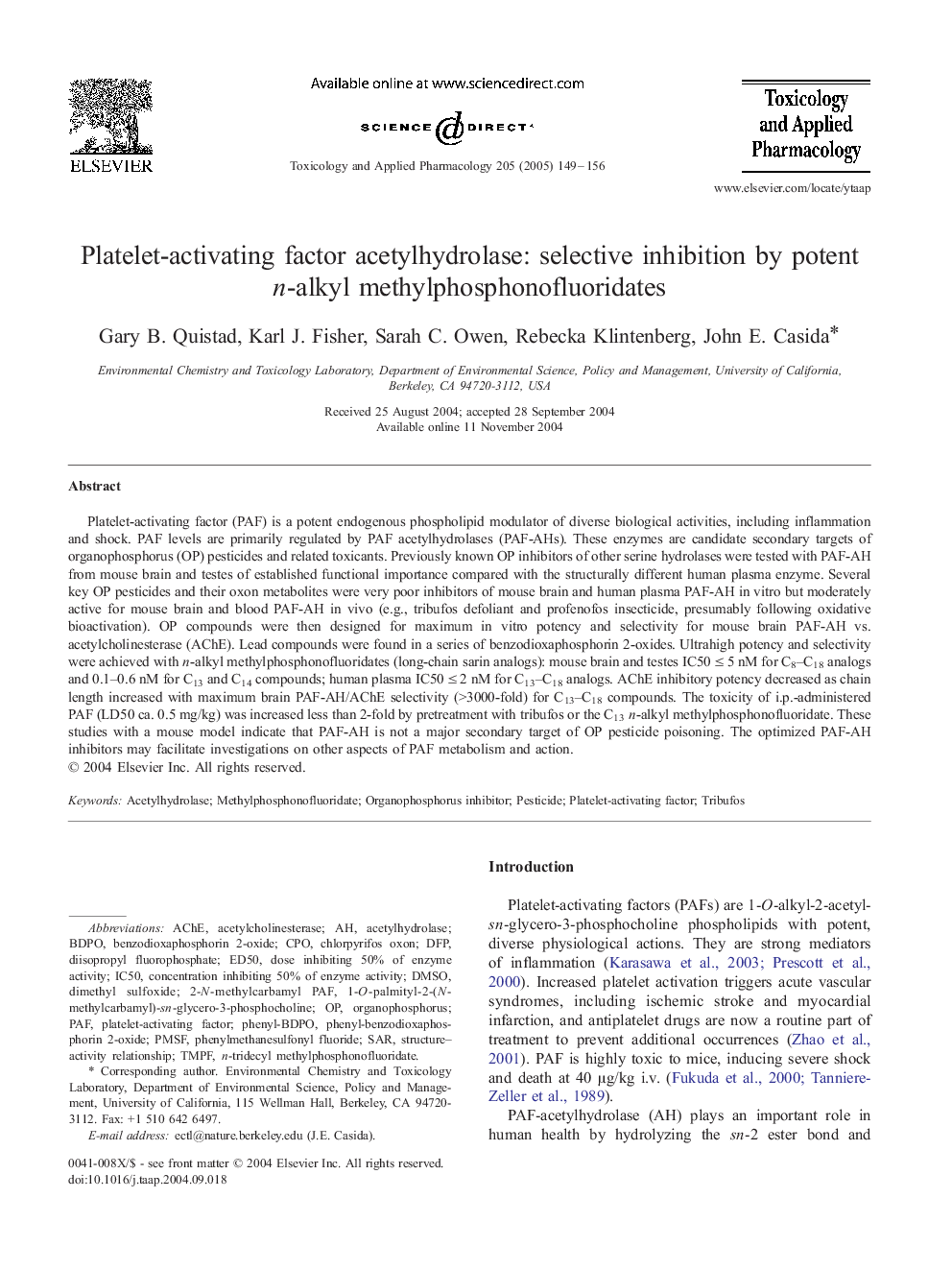 Platelet-activating factor acetylhydrolase: selective inhibition by potent n-alkyl methylphosphonofluoridates