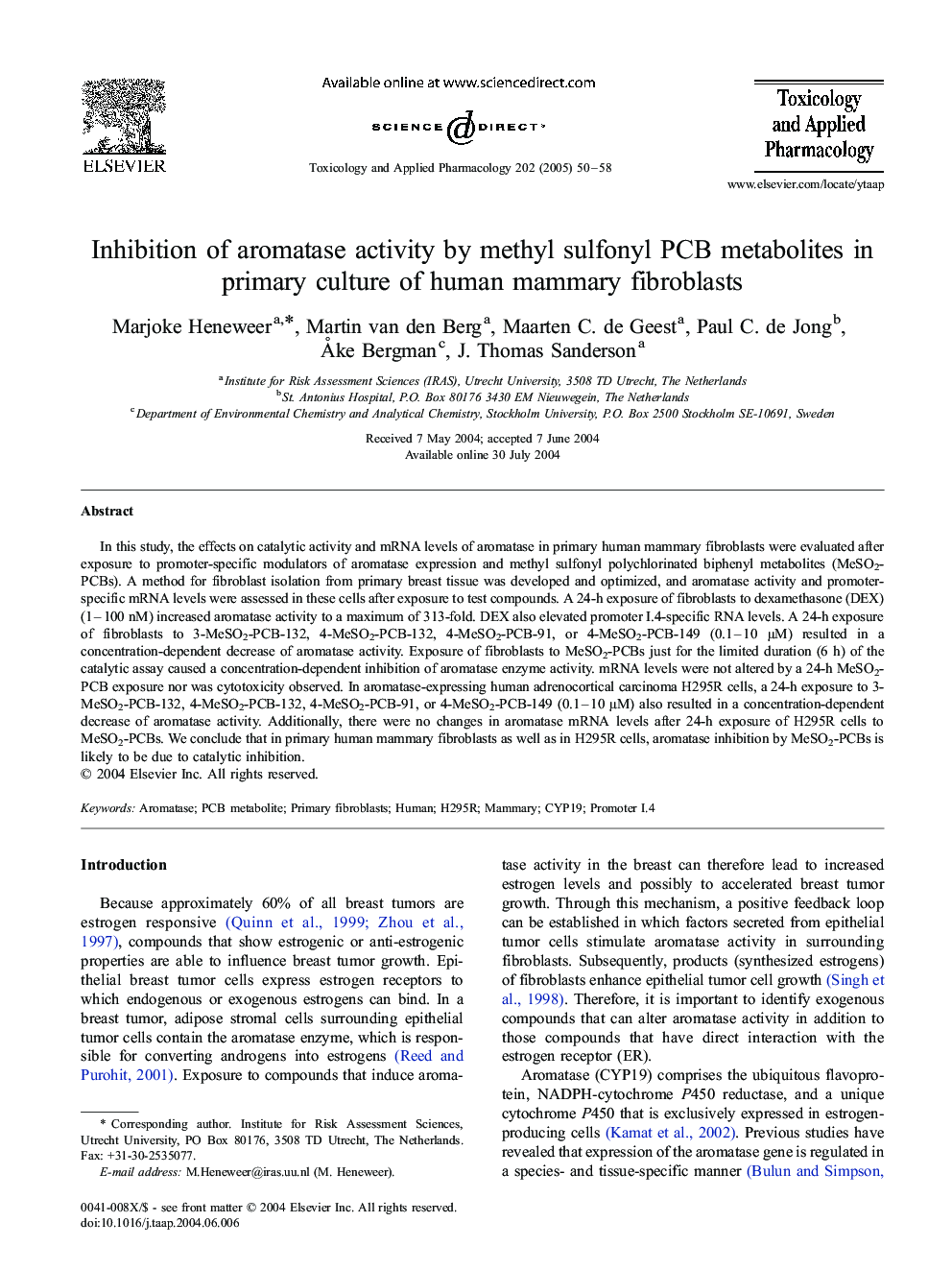 Inhibition of aromatase activity by methyl sulfonyl PCB metabolites in primary culture of human mammary fibroblasts