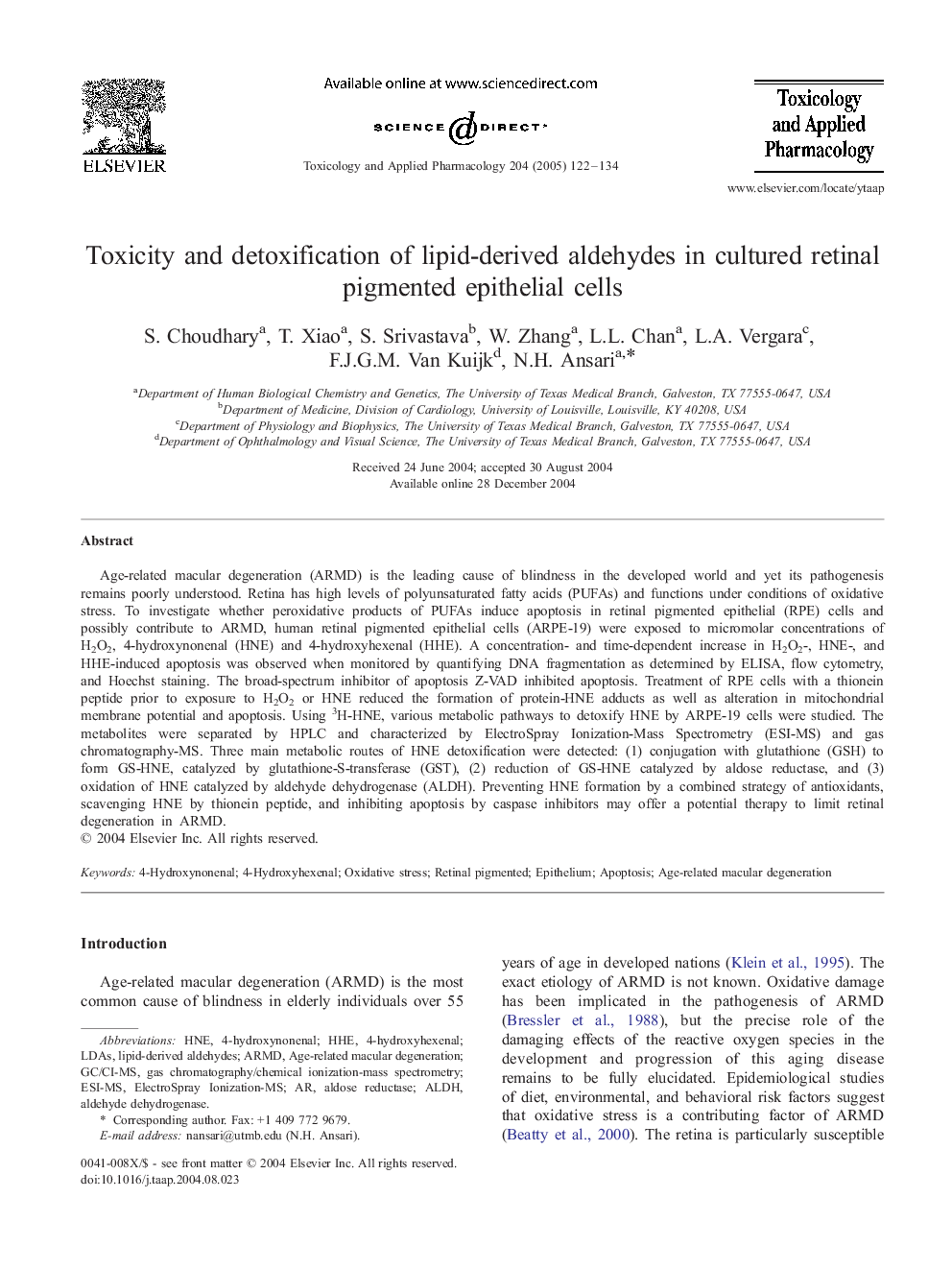 Toxicity and detoxification of lipid-derived aldehydes in cultured retinal pigmented epithelial cells