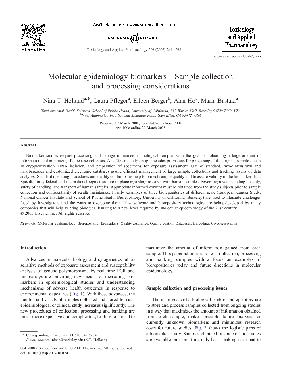 Molecular epidemiology biomarkers-Sample collection and processing considerations