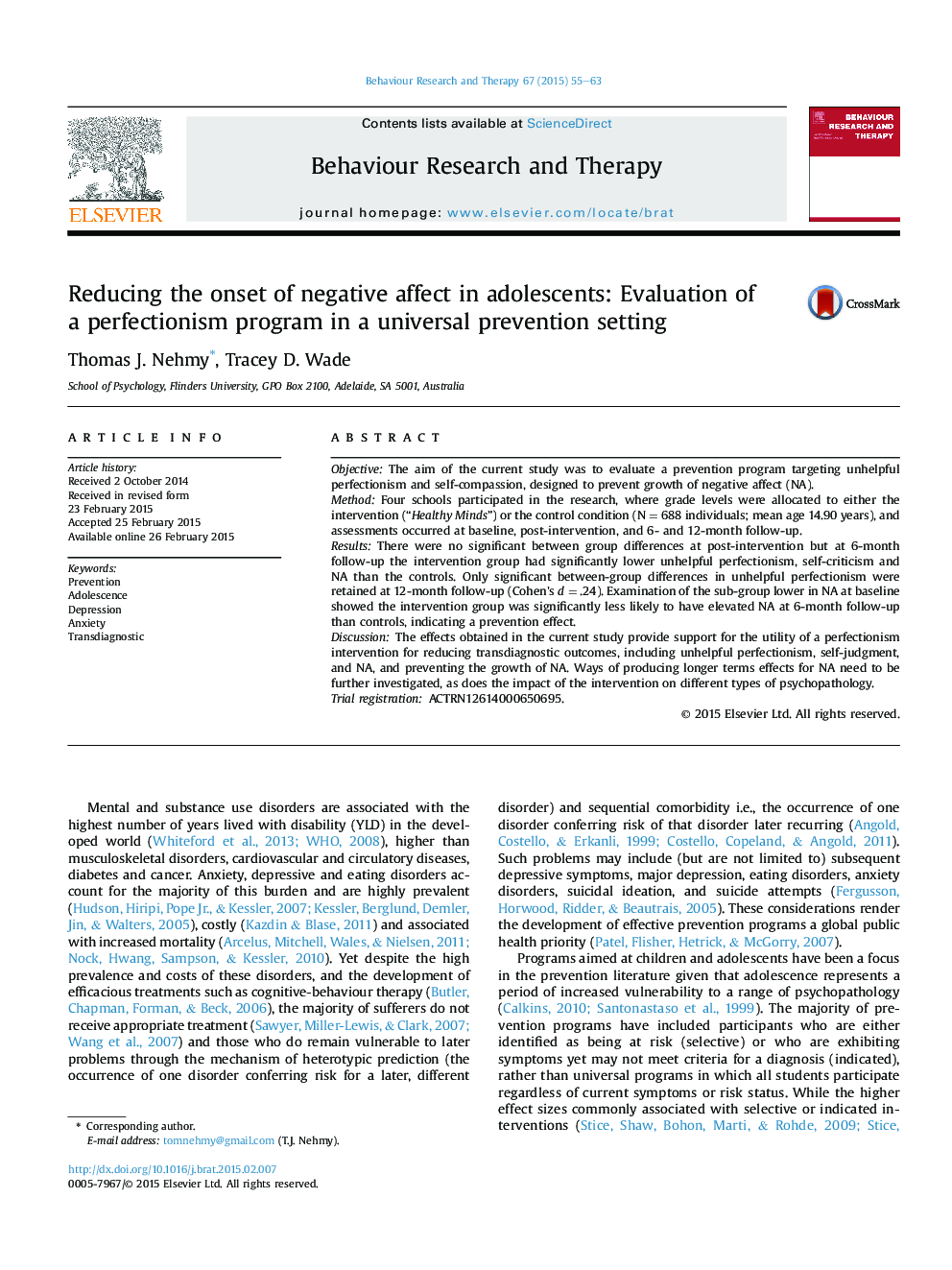 Reducing the onset of negative affect in adolescents: Evaluation of a perfectionism program in a universal prevention setting