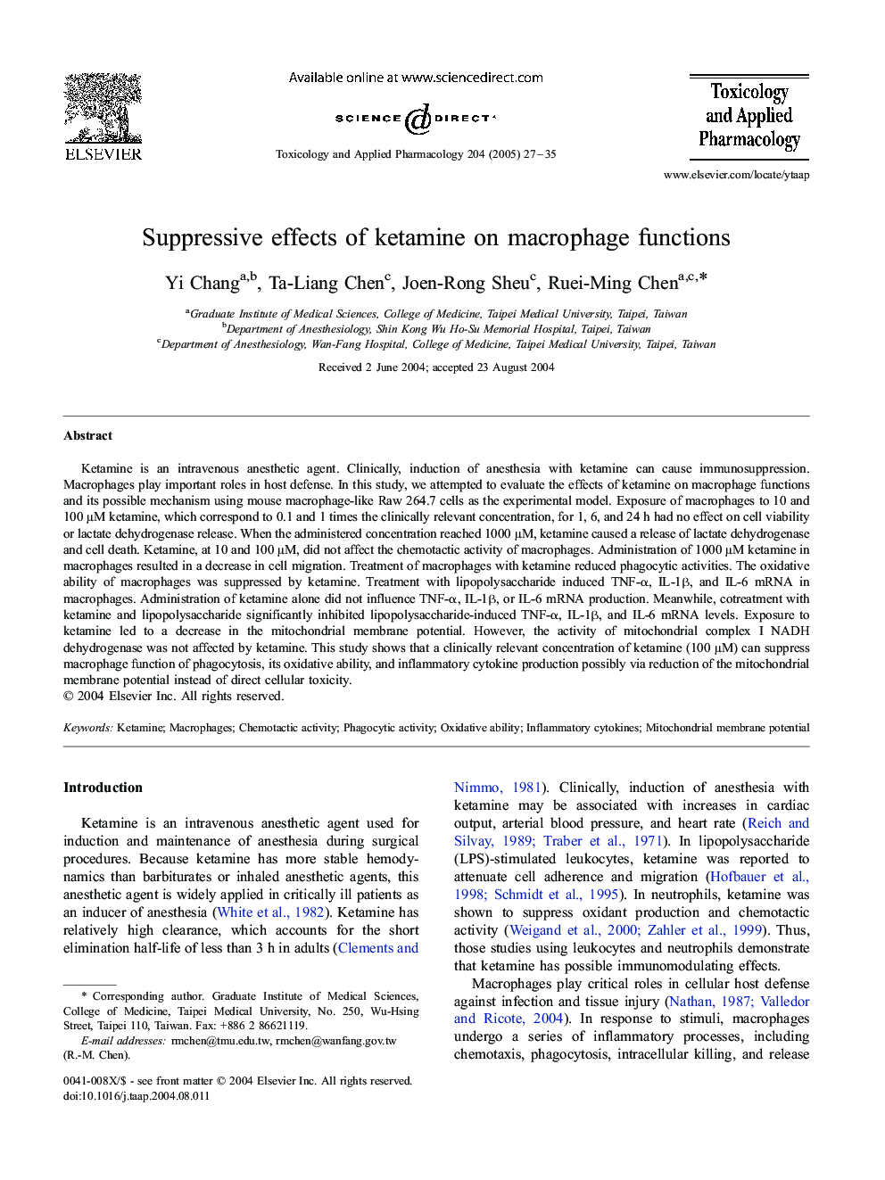 Suppressive effects of ketamine on macrophage functions