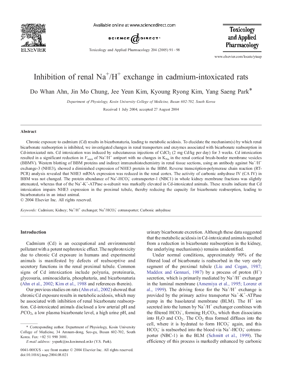 Inhibition of renal Na+/H+ exchange in cadmium-intoxicated rats