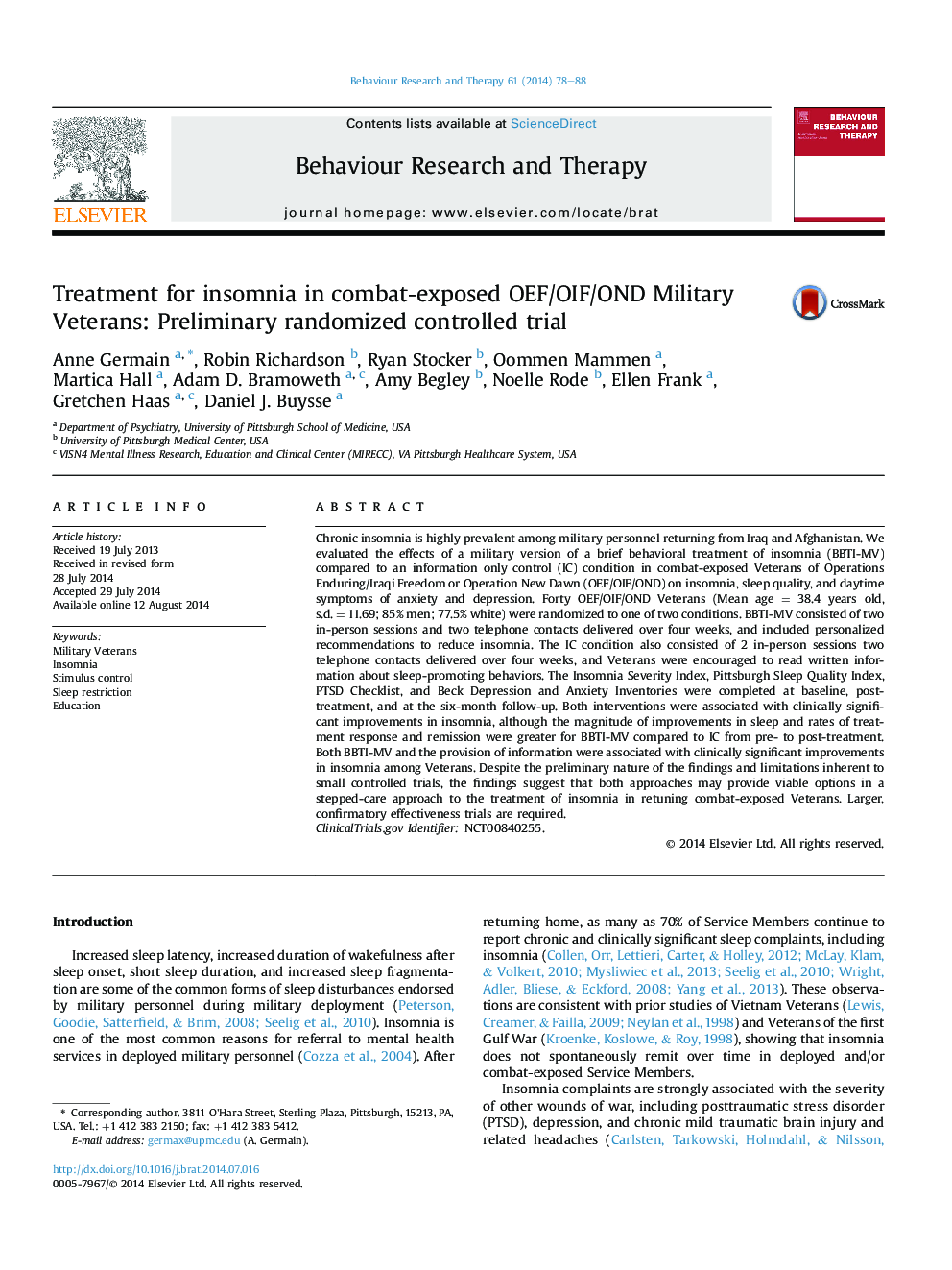 Treatment for insomnia in combat-exposed OEF/OIF/OND Military Veterans: Preliminary randomized controlled trial