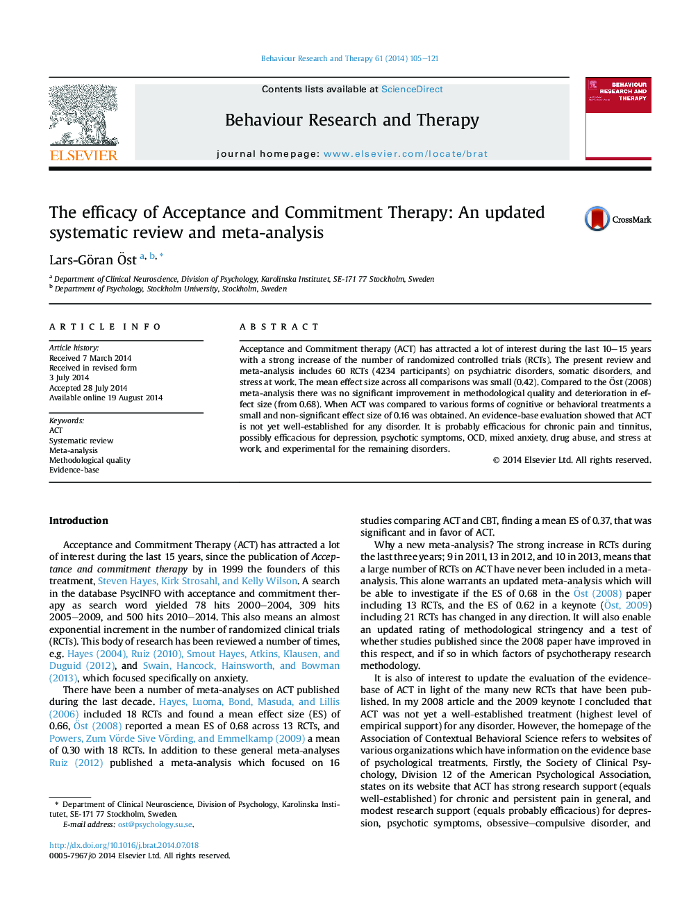 The efficacy of Acceptance and Commitment Therapy: An updated systematic review and meta-analysis