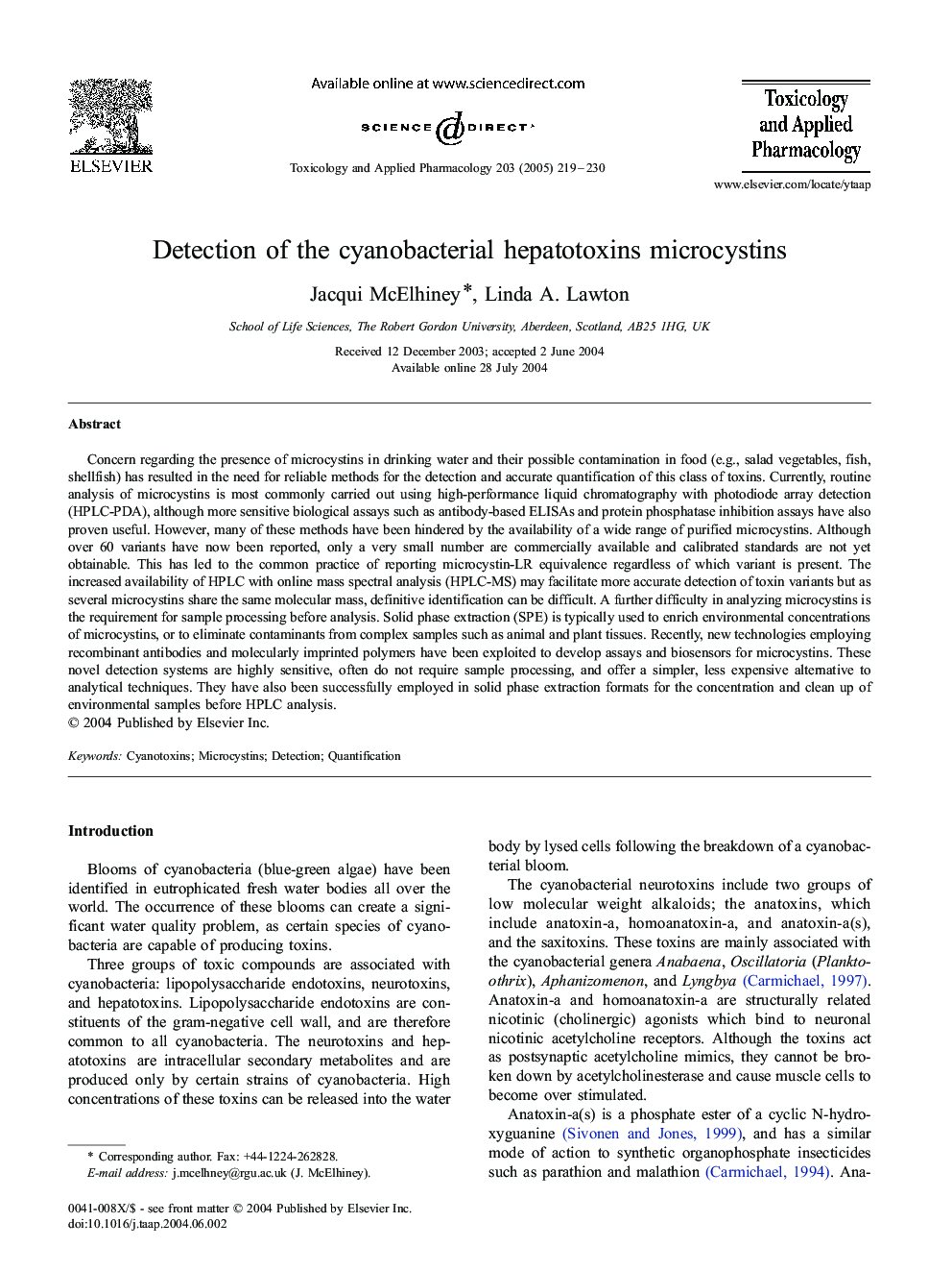 Detection of the cyanobacterial hepatotoxins microcystins