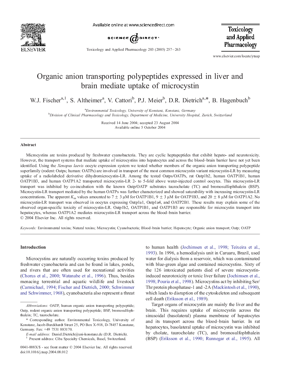 Organic anion transporting polypeptides expressed in liver and brain mediate uptake of microcystin