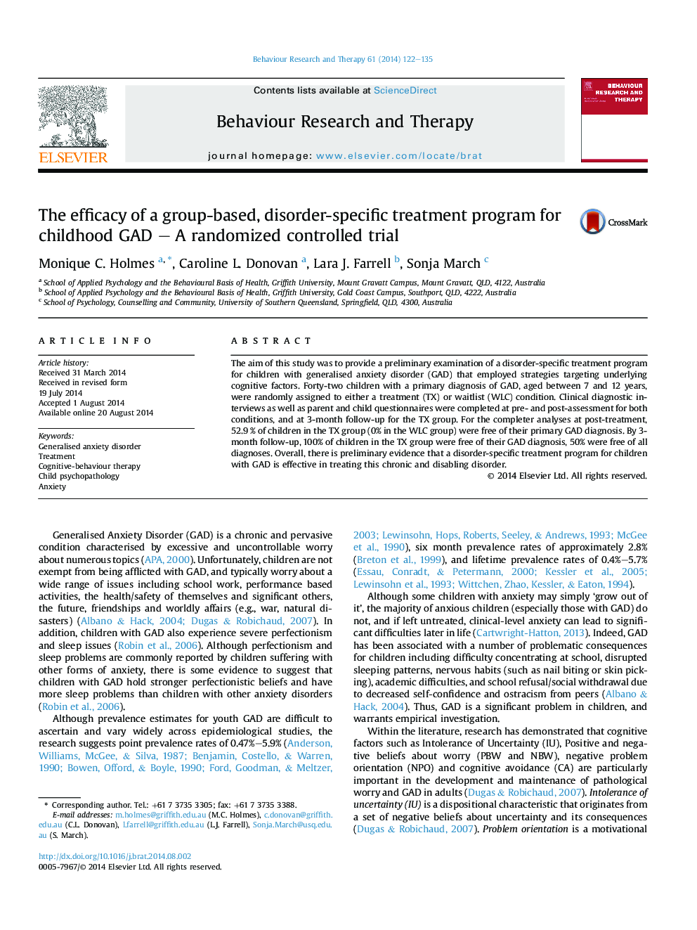 The efficacy of a group-based, disorder-specific treatment program for childhood GAD – A randomized controlled trial