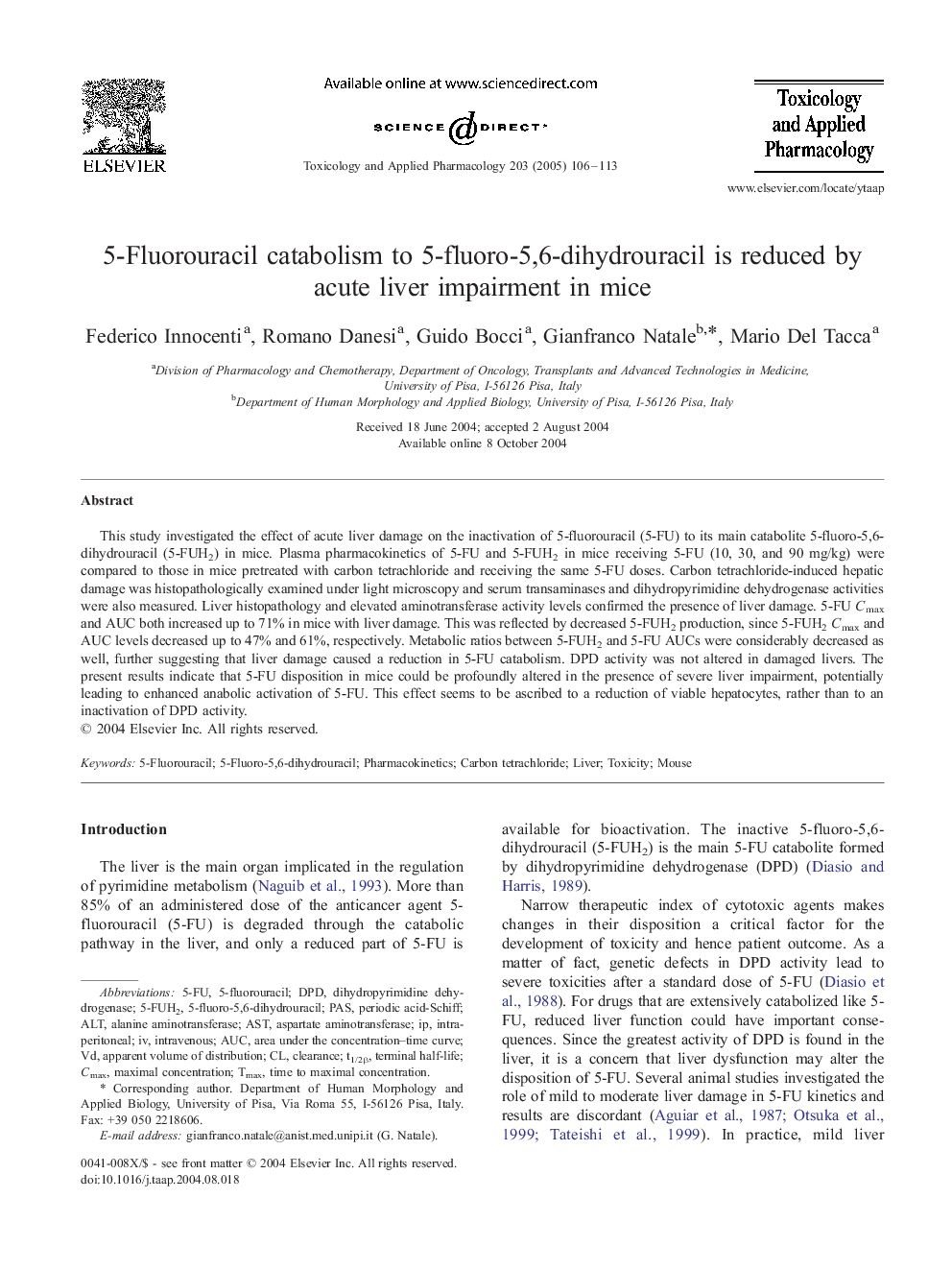 5-Fluorouracil catabolism to 5-fluoro-5,6-dihydrouracil is reduced by acute liver impairment in mice