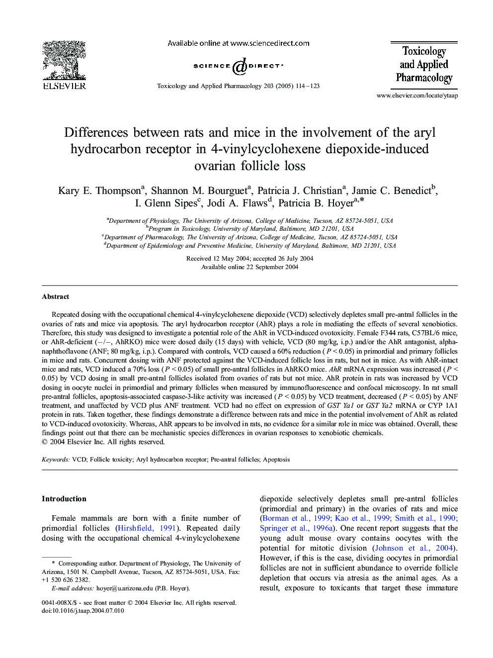 Differences between rats and mice in the involvement of the aryl hydrocarbon receptor in 4-vinylcyclohexene diepoxide-induced ovarian follicle loss