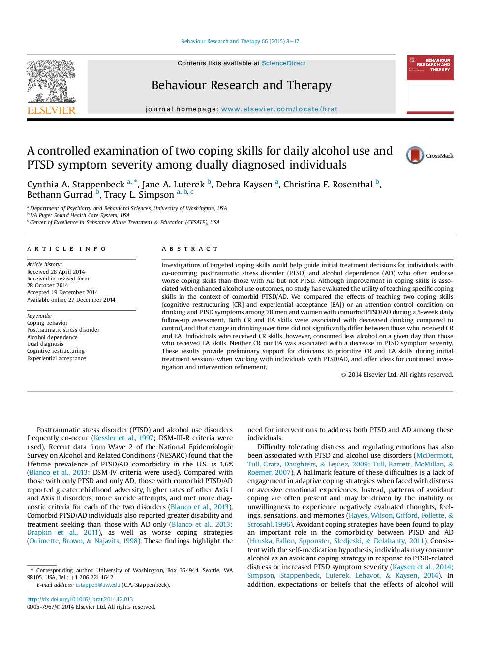 A controlled examination of two coping skills for daily alcohol use and PTSD symptom severity among dually diagnosed individuals