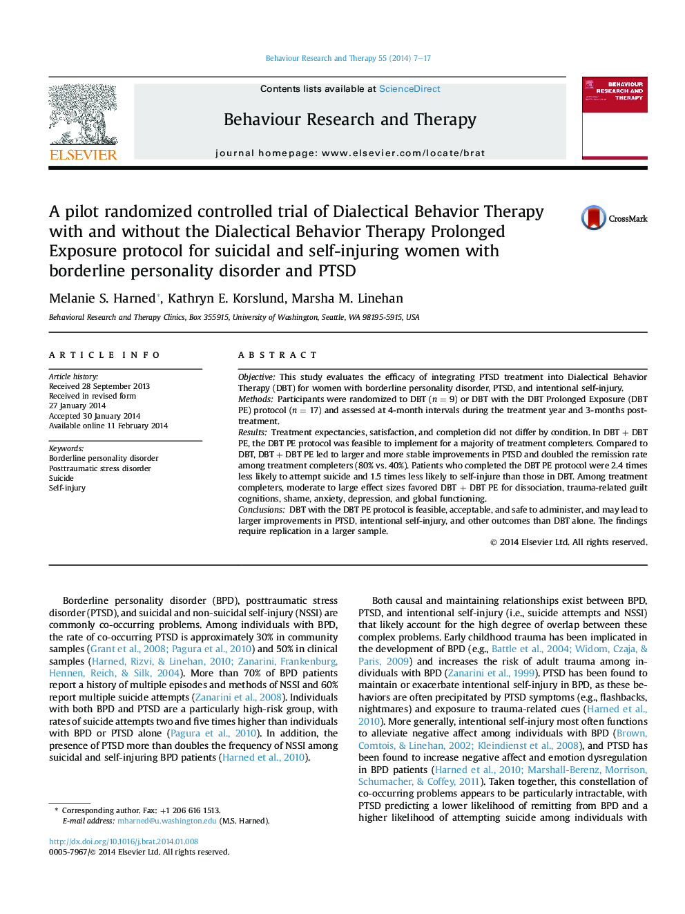 A pilot randomized controlled trial of Dialectical Behavior Therapy with and without the Dialectical Behavior Therapy Prolonged Exposure protocol for suicidal and self-injuring women with borderline personality disorder and PTSD