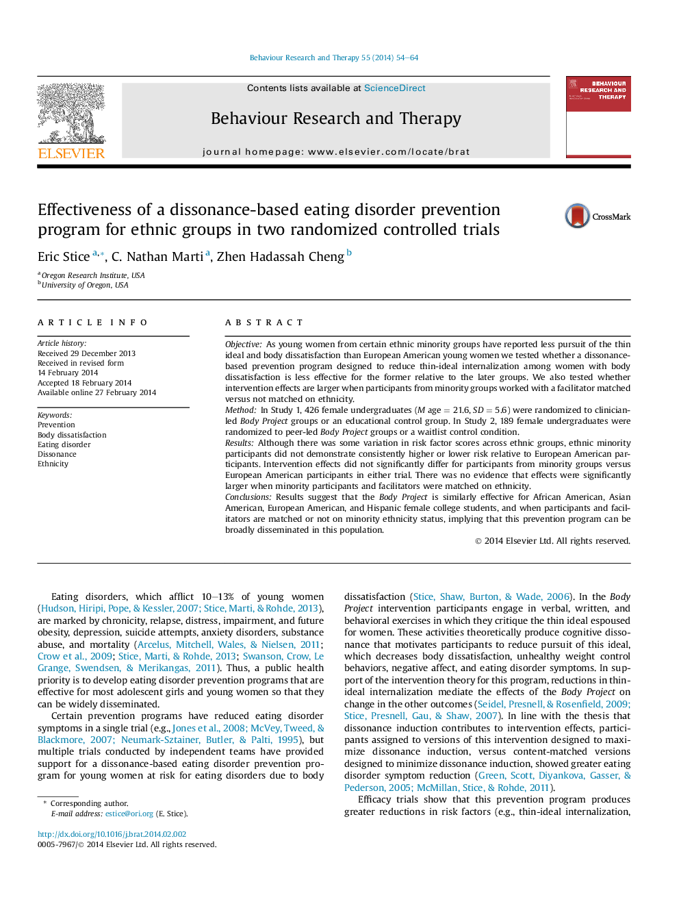 Effectiveness of a dissonance-based eating disorder prevention program for ethnic groups in two randomized controlled trials