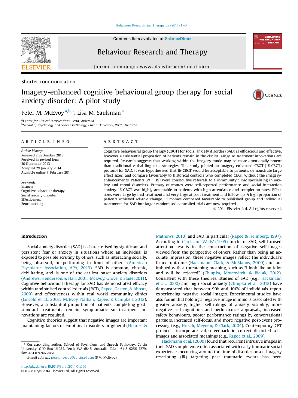 Imagery-enhanced cognitive behavioural group therapy for social anxiety disorder: A pilot study