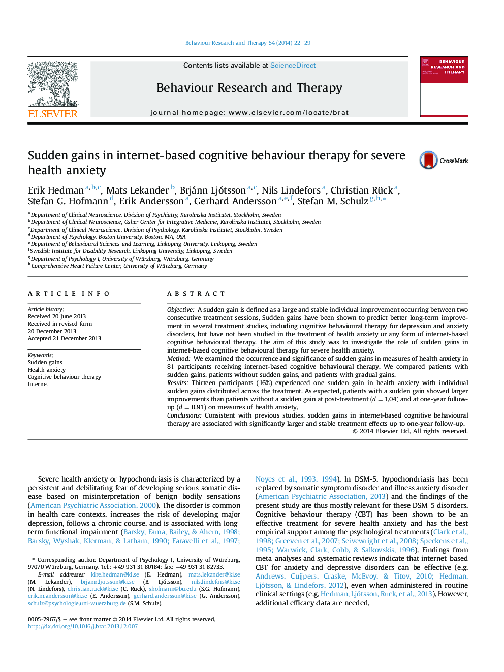 Sudden gains in internet-based cognitive behaviour therapy for severe health anxiety