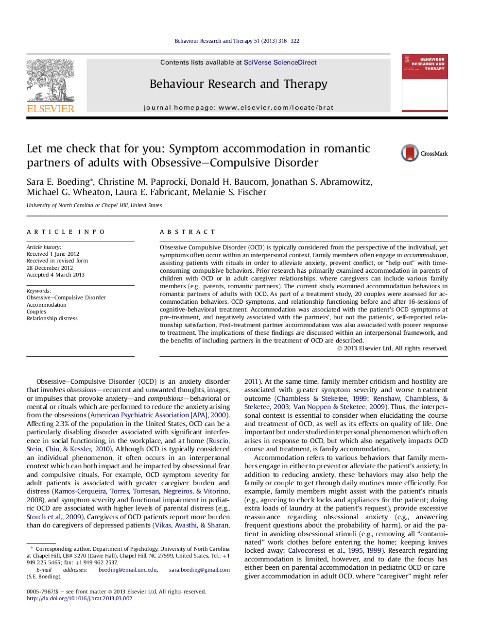 Let me check that for you: Symptom accommodation in romantic partners of adults with Obsessive–Compulsive Disorder