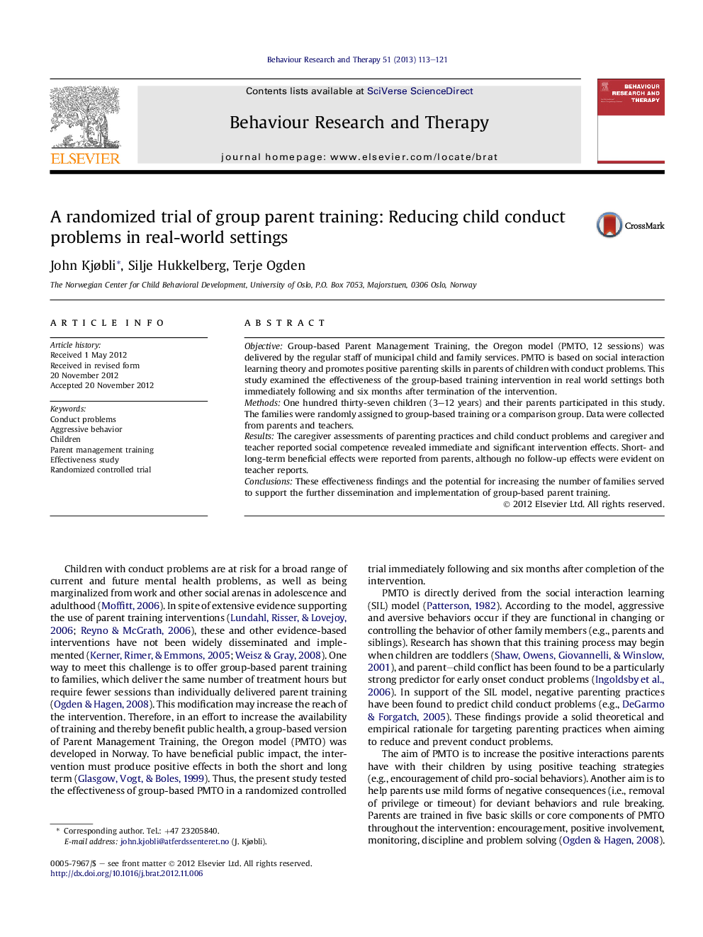 A randomized trial of group parent training: Reducing child conduct problems in real-world settings