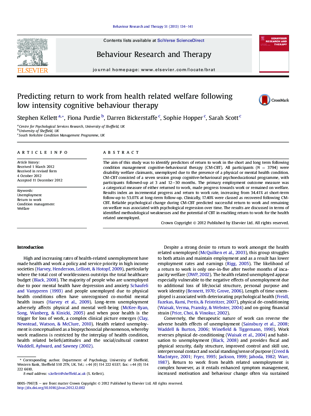 Predicting return to work from health related welfare following low intensity cognitive behaviour therapy