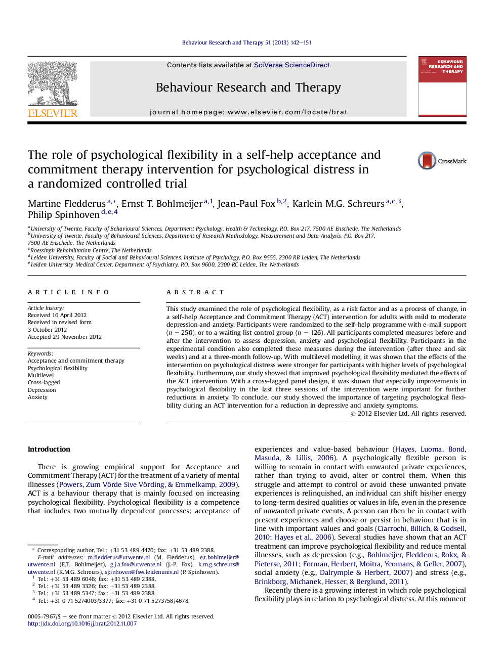 The role of psychological flexibility in a self-help acceptance and commitment therapy intervention for psychological distress in a randomized controlled trial