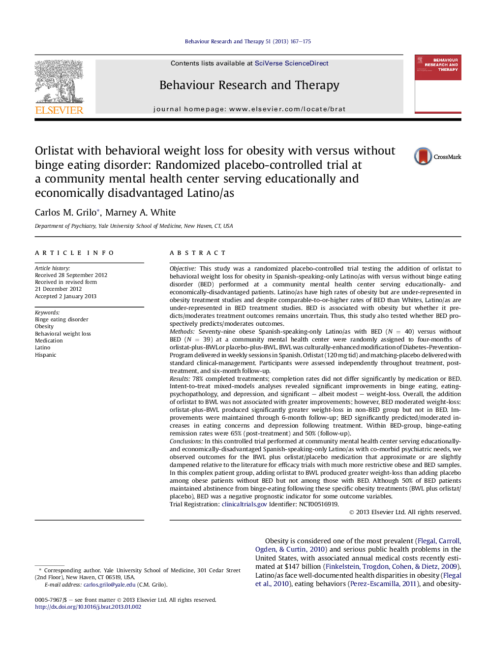 Orlistat with behavioral weight loss for obesity with versus without binge eating disorder: Randomized placebo-controlled trial at a community mental health center serving educationally and economically disadvantaged Latino/as