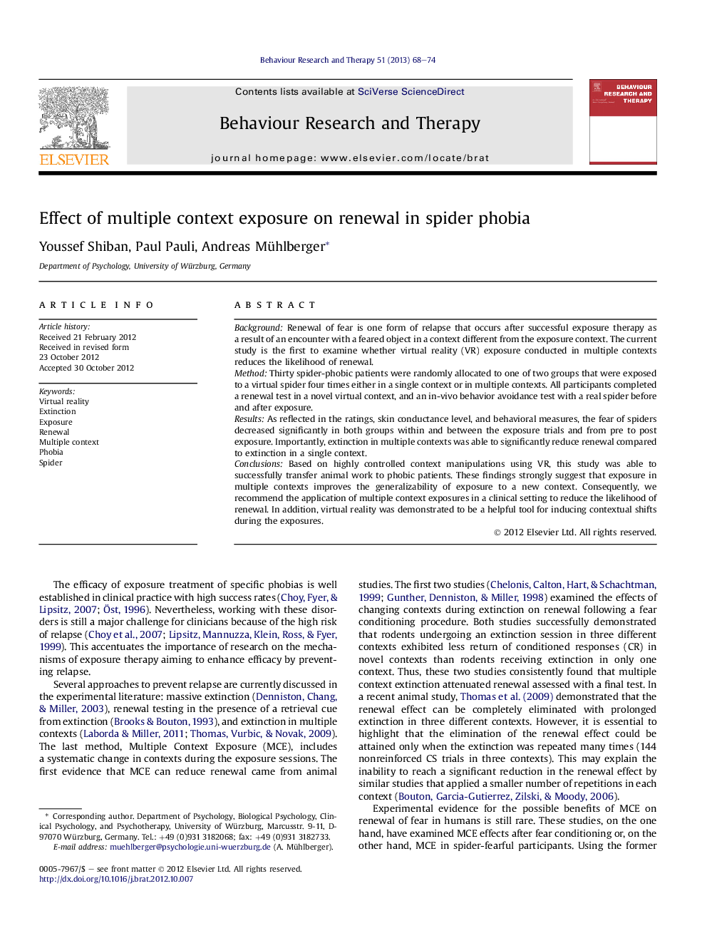 Effect of multiple context exposure on renewal in spider phobia