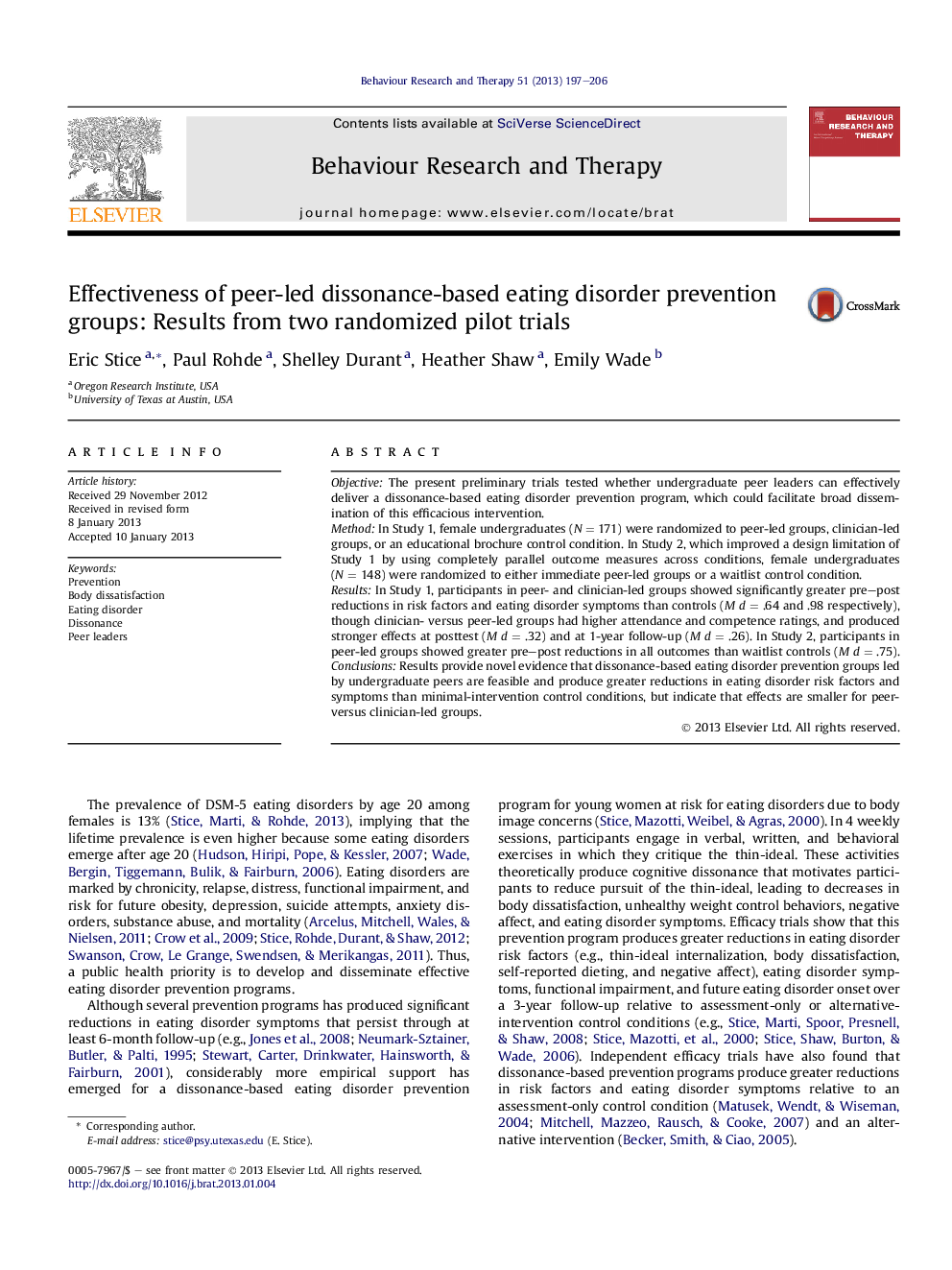 Effectiveness of peer-led dissonance-based eating disorder prevention groups: Results from two randomized pilot trials